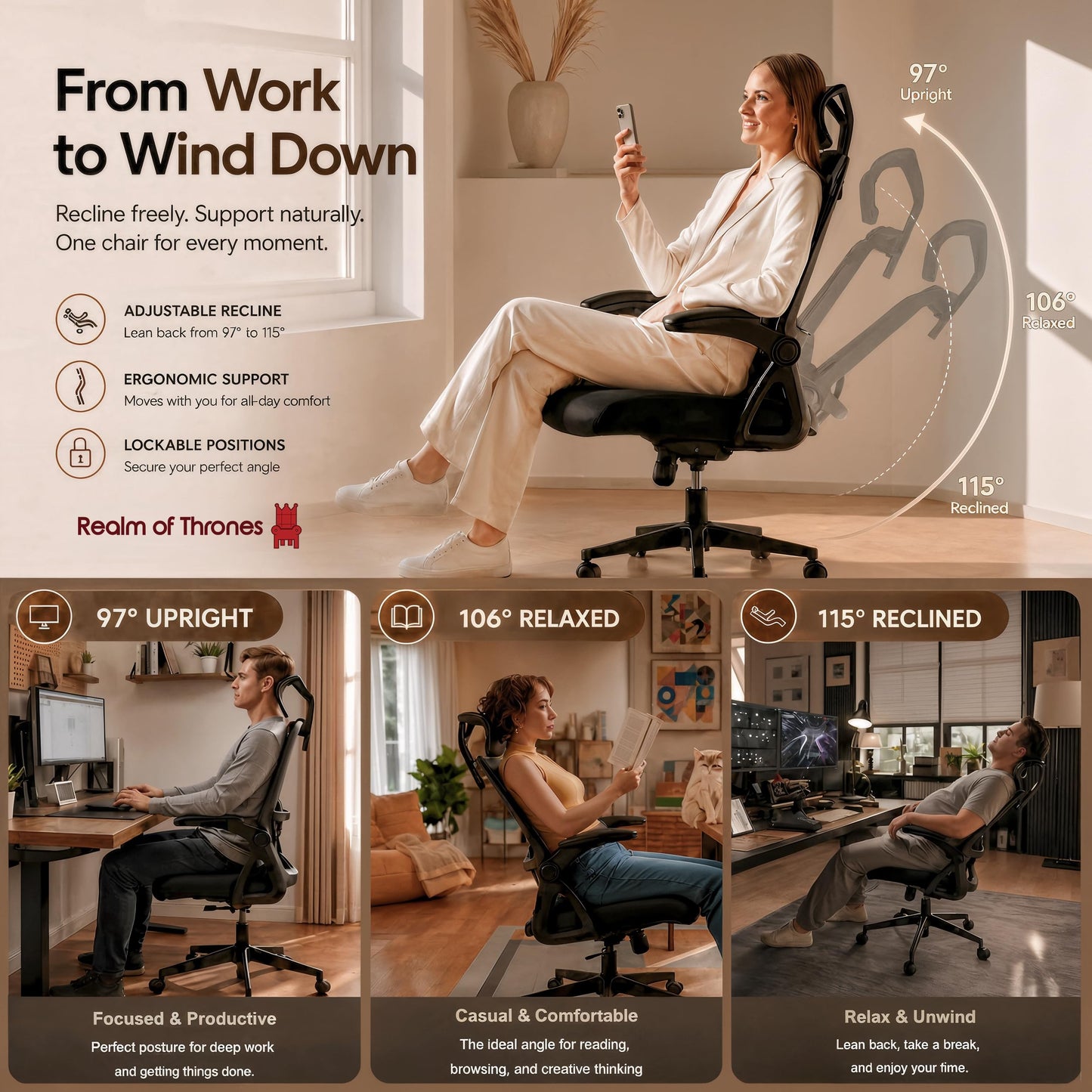 Realm of Thrones CAPTAIN Ergonomic Office Chair for Back Support, Long Hours & Small Home Offices, Mesh Desk Chair with 10cm Contoured Seat, Flip-Up Arms, Adjustable Lumbar & Headrest, 5-Year Warranty