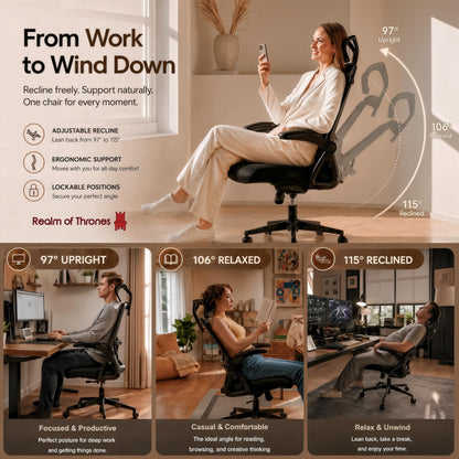 Realm of Thrones CAPTAIN Ergonomic Office Chair for Back Support, Long Hours & Small Home Offices, Mesh Desk Chair with 10cm Contoured Seat, Flip-Up Arms, Adjustable Lumbar & Headrest, 5-Year Warranty