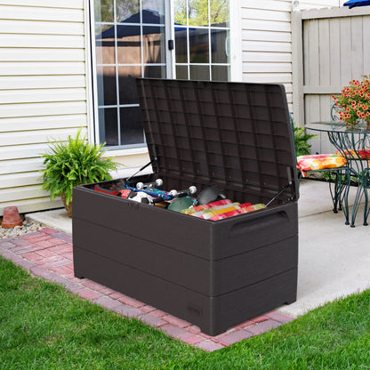 Duramax Cedargrain Durabox 416 Litre/ 110 Gallons, Outdoor Plastic Deck Box and Garden Furniture Organizer, Woodgrain Texture, Lockable Plastic Cushion Box with gas cylinder, Dark Brown