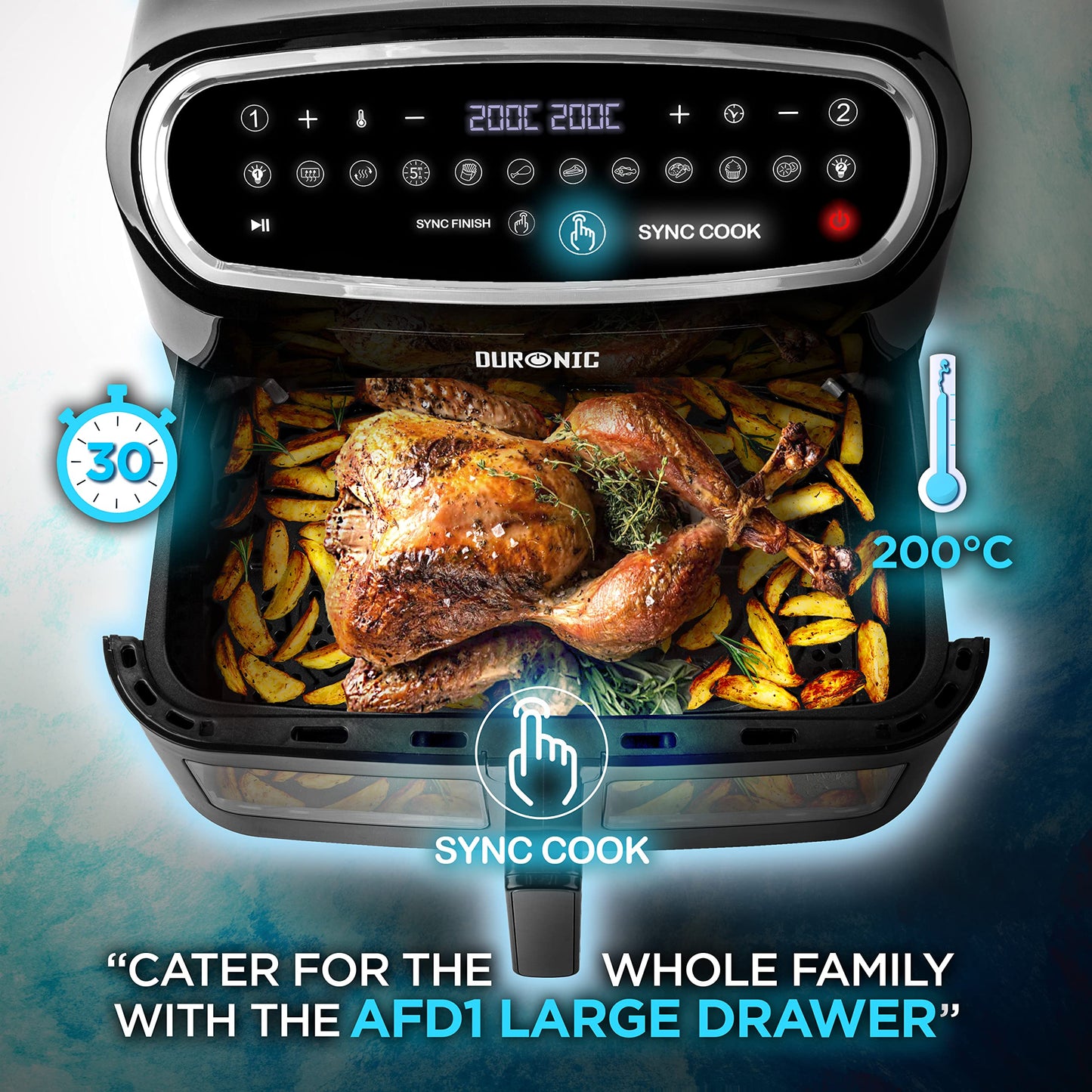 Duronic XXL Air Fryer AF34 BK 10L Digital Family Size Air Fryers Oil Free Triple Drawers 10in1 Dual Zone Extra Large AirFryer for Family Cooking with Dishwasher Safe Non-Stick Baskets Black