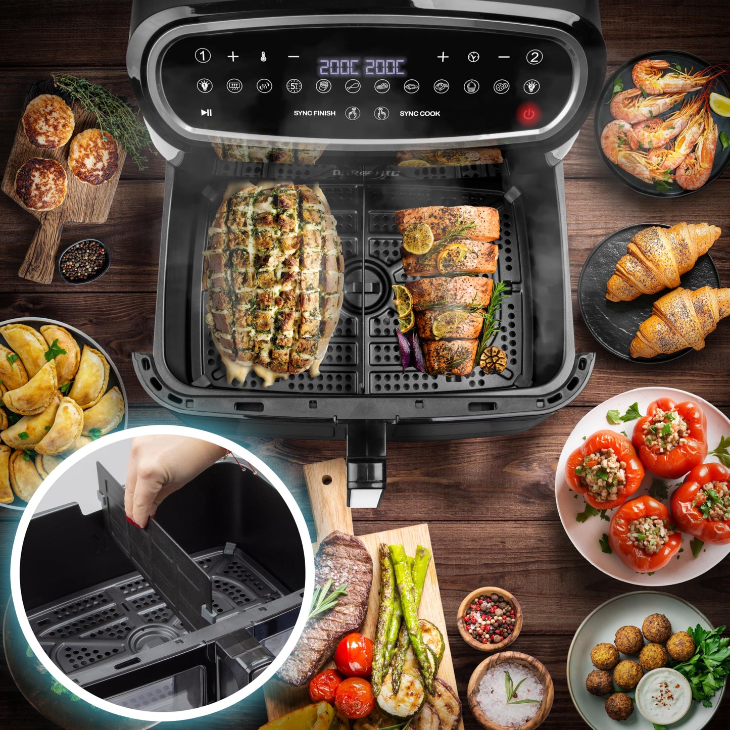 Duronic XXL Air Fryer AF34 BK 10L Digital Family Size Air Fryers Oil Free Triple Drawers 10in1 Dual Zone Extra Large AirFryer for Family Cooking with Dishwasher Safe Non-Stick Baskets Black