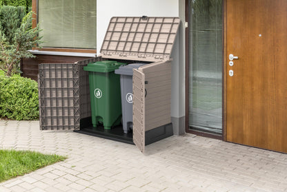 Duramax Cedargrain StoreAway 850L Plastic Garden Storage Shed - Outdoor Storage Shed, Wheelie bin box, Durable Construction, Ideal for Tools, BBQs & 2x 120L Garbage Bins, 130x74x110 cm, Warm Taupe